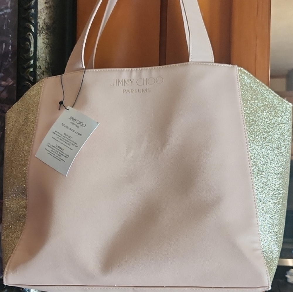 Jimmy Choo Pink and Gold Tote Bag with Spacious Design